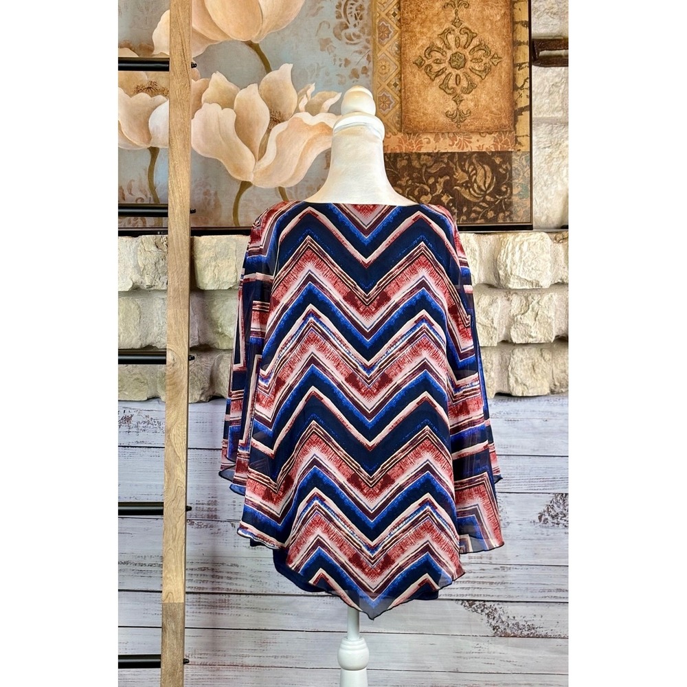 Sara Michelle Womens 3X Chevron Handkerchief Overlay Blouse Burgundy Pink Blue - Picture 3 of 9